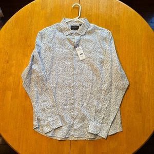 Black Brown 1826 Men’s Large Button Down White with floral navy pattern